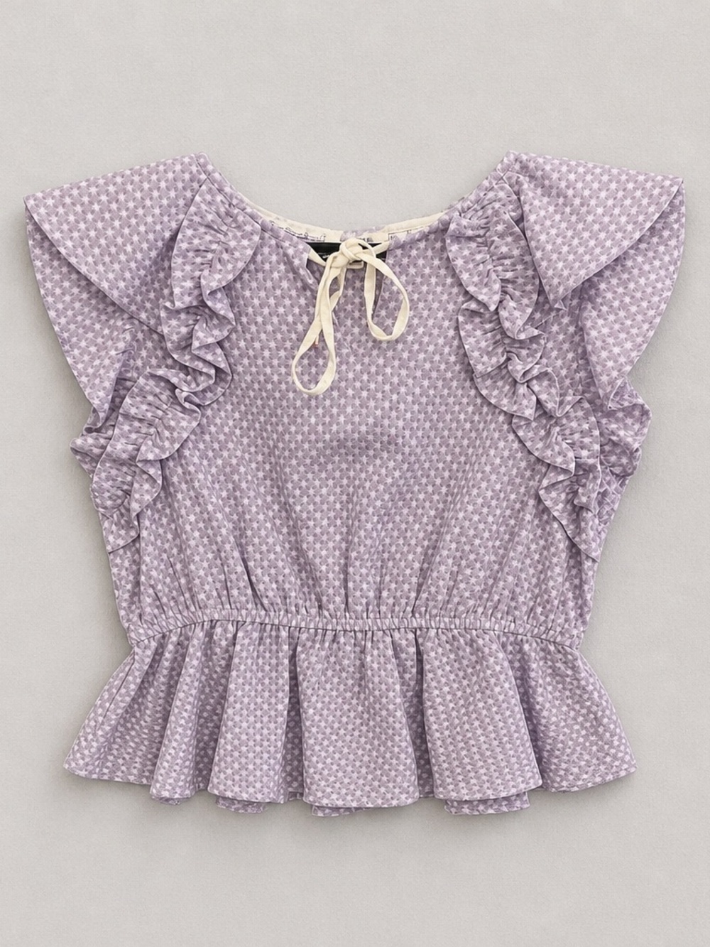 Umgee Lavender Check Ruffle Tie Neck Blouse